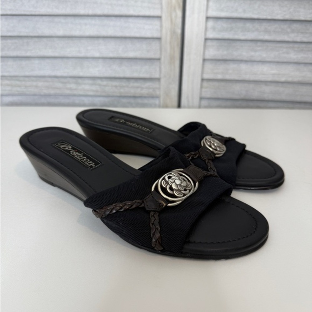Brighton Lilian Black Chocolate Leather Wedge Mules Size 6